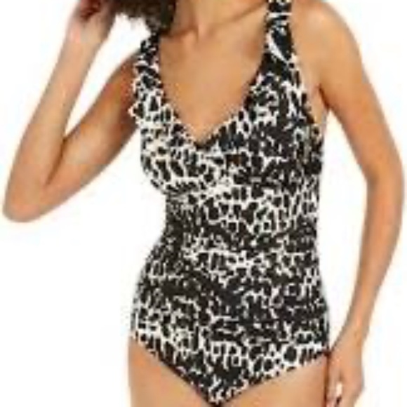 DKNY Animal Print Tummy Control Ruffled V-Neck One-Piece Swimsuit - Picture 1 of 12